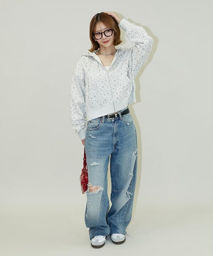 小花圖案短款連帽衛衣