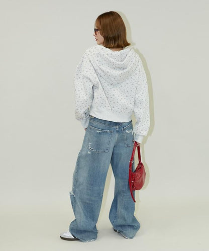 小花圖案短款連帽衛衣