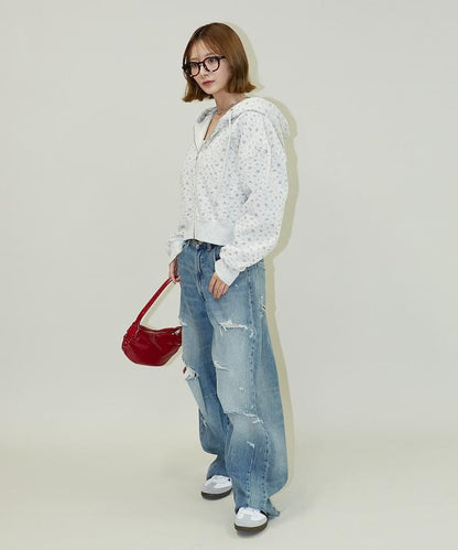 小花圖案短款連帽衛衣