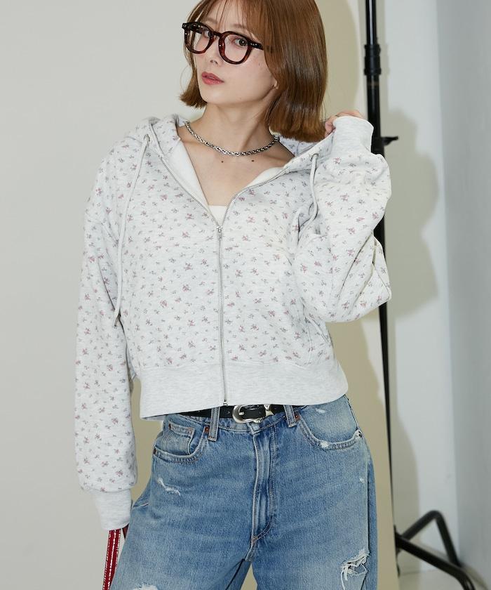 小花圖案短款連帽衛衣