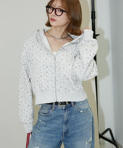 小花圖案短款連帽衛衣