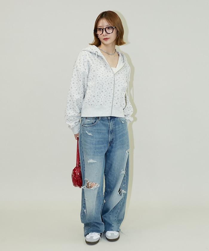 小花圖案短款連帽衛衣