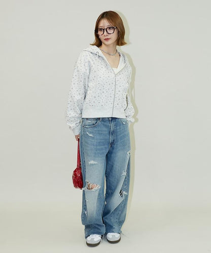 小花圖案短款連帽衛衣