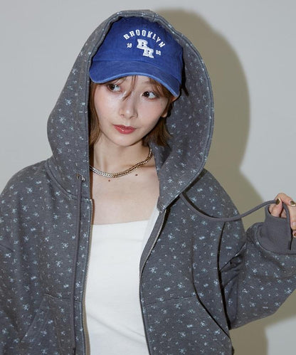 小花圖案短款連帽衛衣