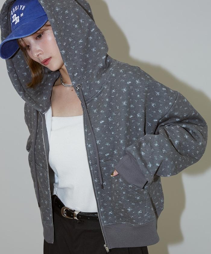 小花圖案短款連帽衛衣