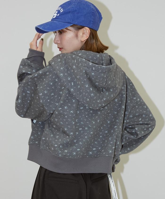 小花圖案短款連帽衛衣