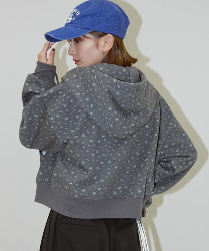 小花圖案短款連帽衛衣