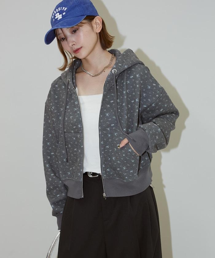 小花圖案短款連帽衛衣