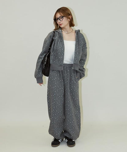 小花圖案短款連帽衛衣