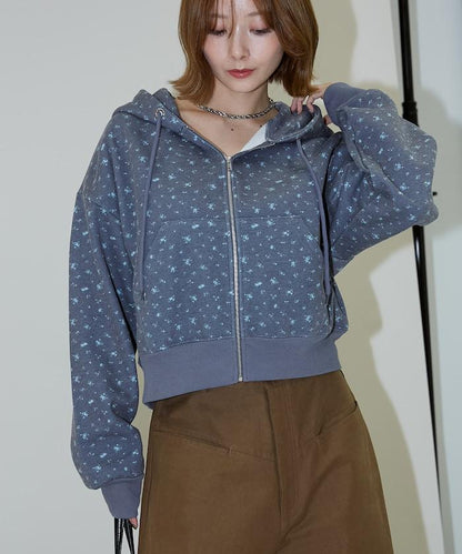 小花圖案短款連帽衛衣