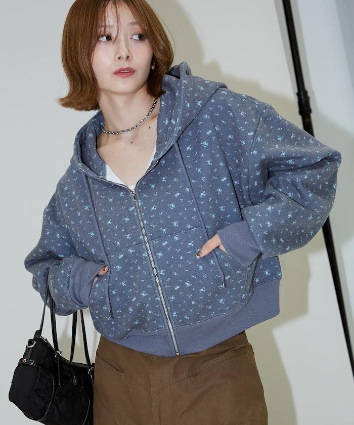 小花圖案短款連帽衛衣