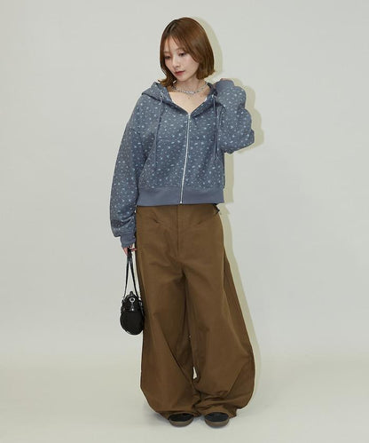 小花圖案短款連帽衛衣