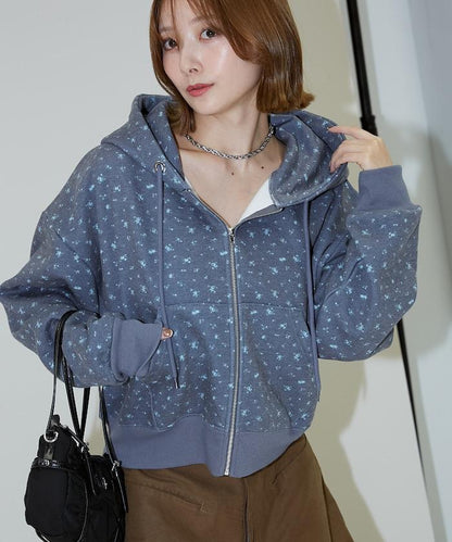 小花圖案短款連帽衛衣