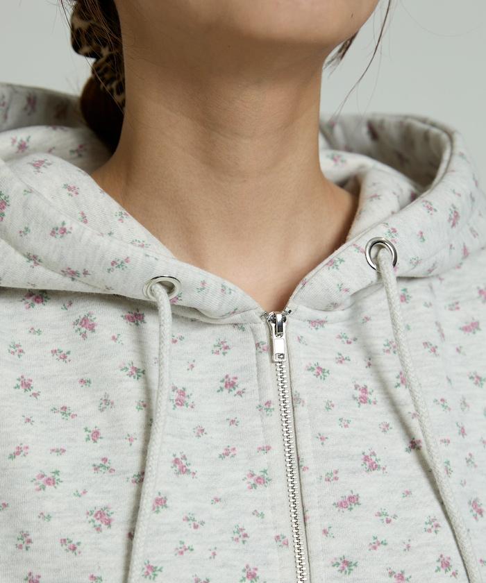 小花圖案短款連帽衛衣