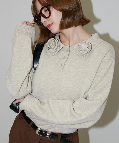 花卉圖案裝飾針織POLO衫