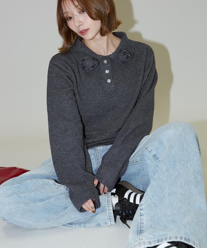 花卉圖案裝飾針織POLO衫