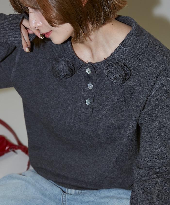 花卉圖案裝飾針織POLO衫