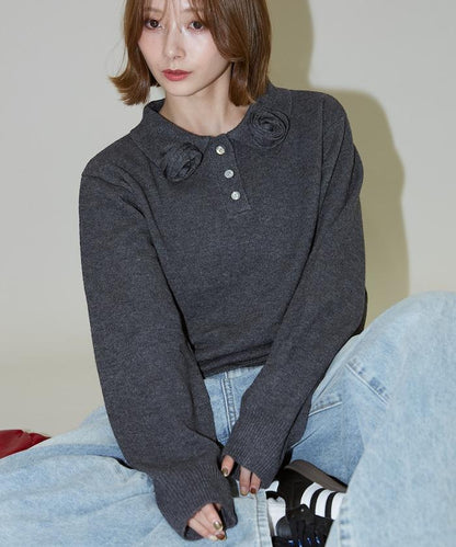 花卉圖案裝飾針織POLO衫