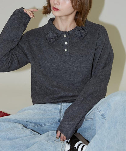 花卉圖案裝飾針織POLO衫