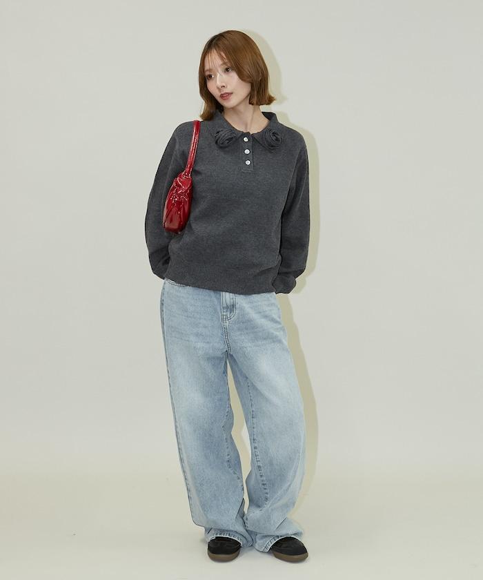 花卉圖案裝飾針織POLO衫