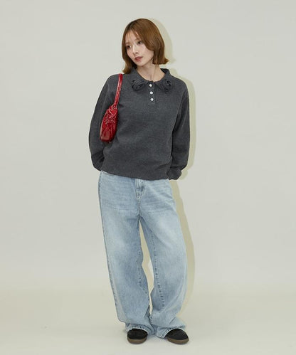 花卉圖案裝飾針織POLO衫