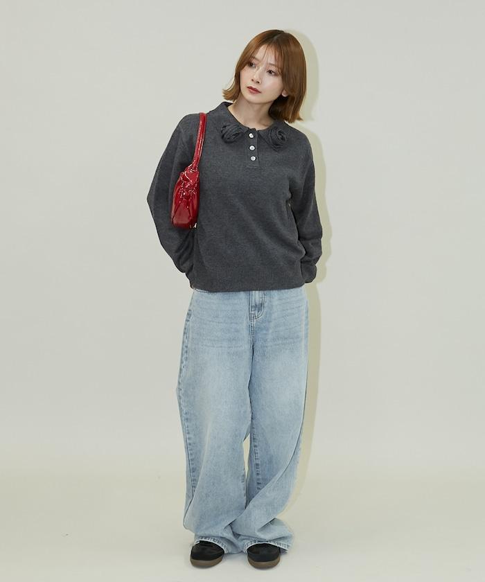 花卉圖案裝飾針織POLO衫