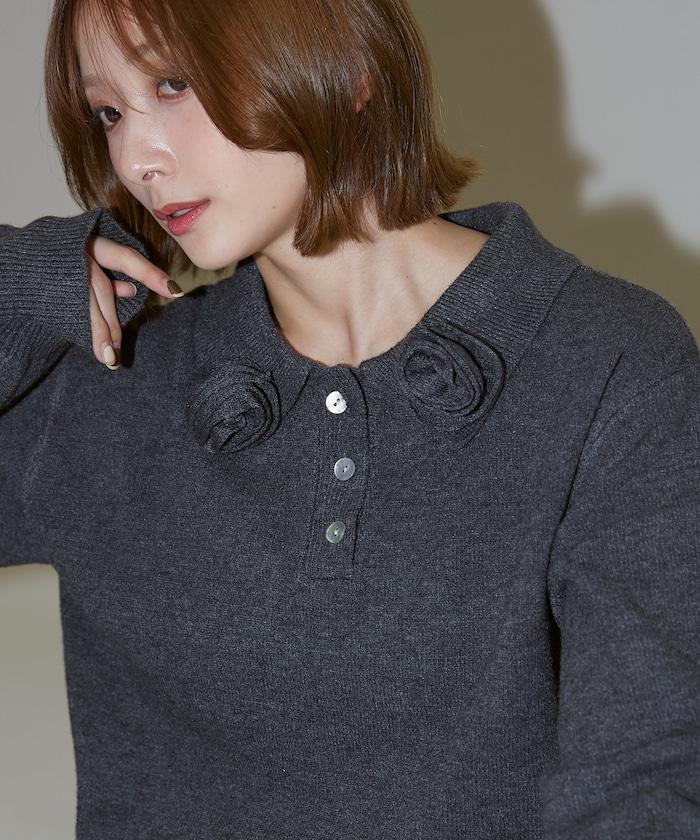 花卉圖案裝飾針織POLO衫