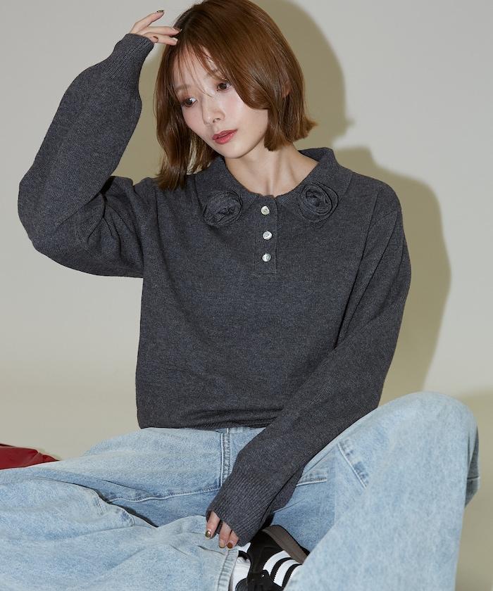 花卉圖案裝飾針織POLO衫