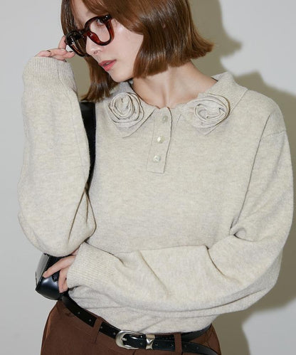 花卉圖案裝飾針織POLO衫