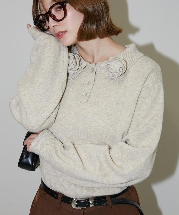 花卉圖案裝飾針織POLO衫