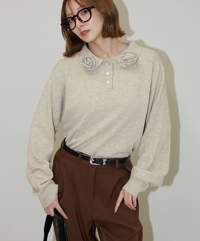 花卉圖案裝飾針織POLO衫