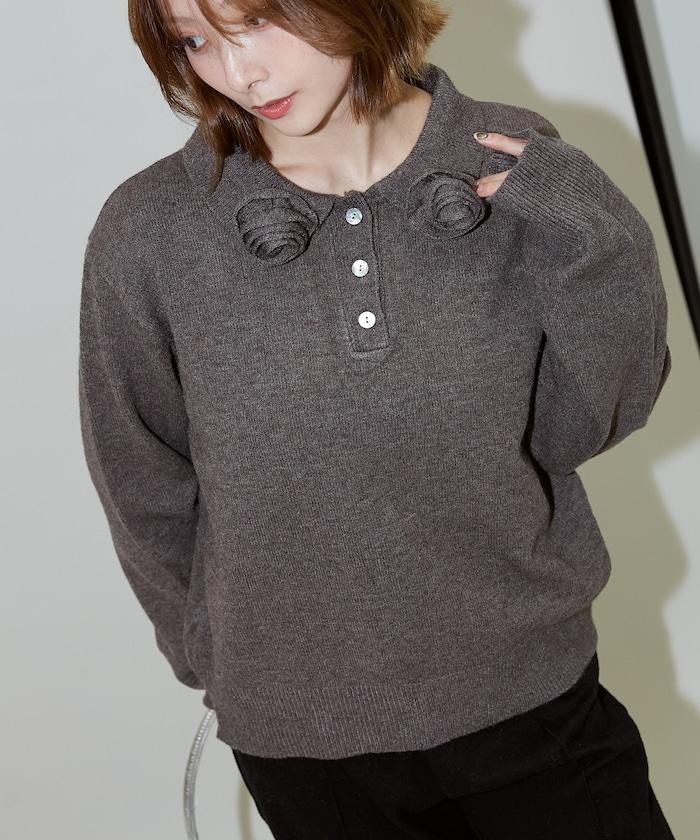 花卉圖案裝飾針織POLO衫