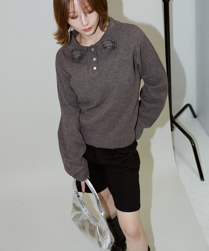 花卉圖案裝飾針織POLO衫