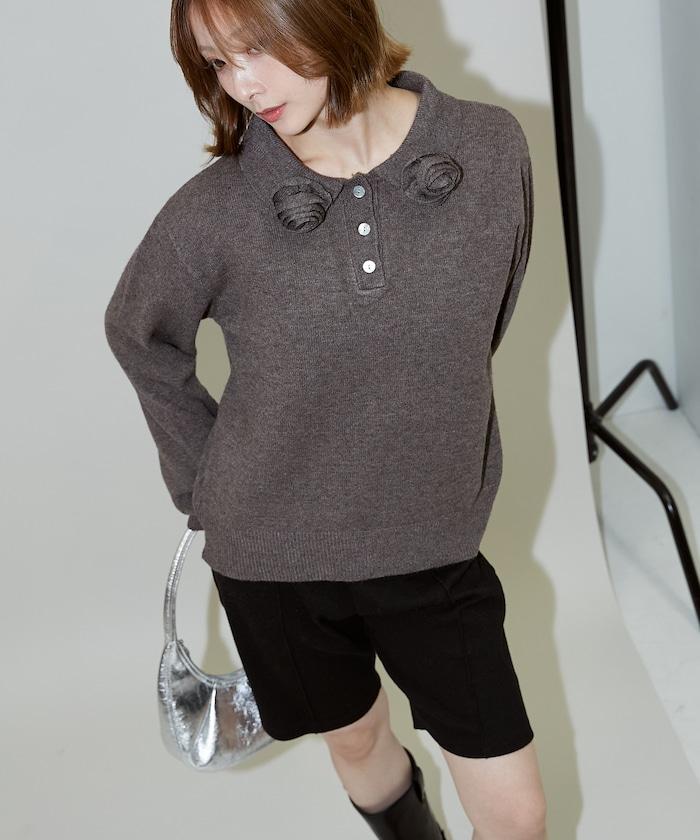 花卉圖案裝飾針織POLO衫