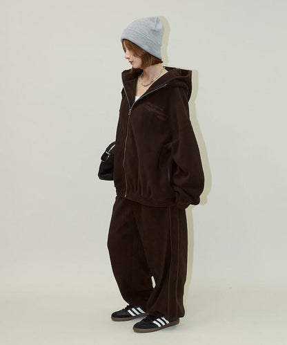 字母刺繡羊羔絨拉鍊寬鬆連帽衛衣