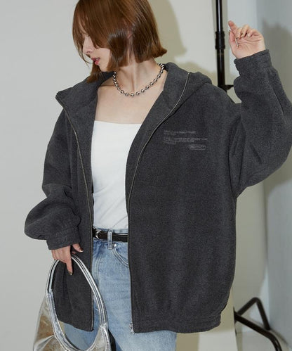 字母刺繡羊羔絨拉鍊寬鬆連帽衛衣