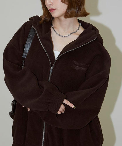 字母刺繡羊羔絨拉鍊寬鬆連帽衛衣