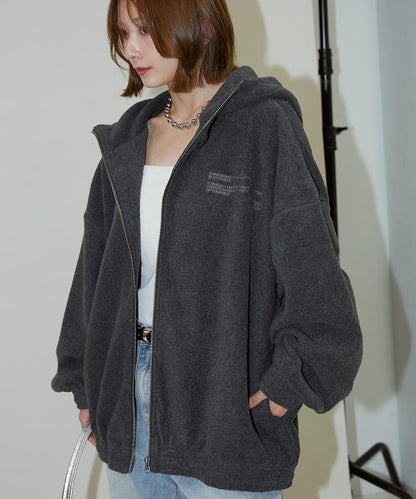 字母刺繡羊羔絨拉鍊寬鬆連帽衛衣