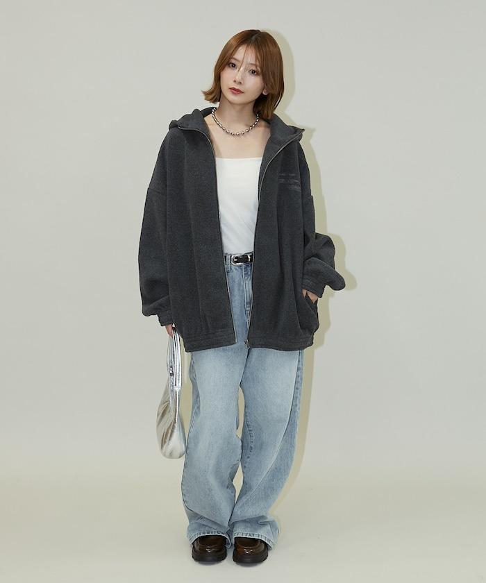 字母刺繡羊羔絨拉鍊寬鬆連帽衛衣