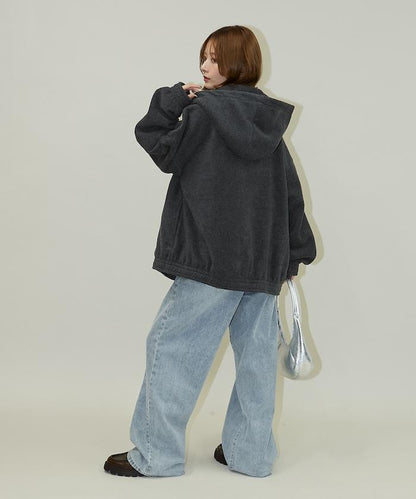 字母刺繡羊羔絨拉鍊寬鬆連帽衛衣