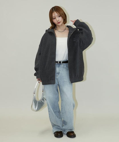 字母刺繡羊羔絨拉鍊寬鬆連帽衛衣