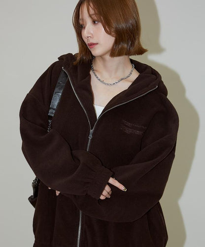 字母刺繡羊羔絨拉鍊寬鬆連帽衛衣
