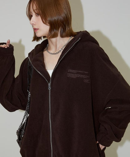 字母刺繡羊羔絨拉鍊寬鬆連帽衛衣