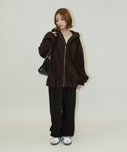 字母刺繡羊羔絨拉鍊寬鬆連帽衛衣