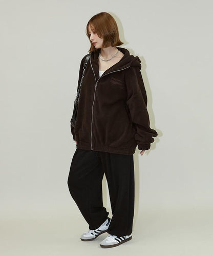 字母刺繡羊羔絨拉鍊寬鬆連帽衛衣