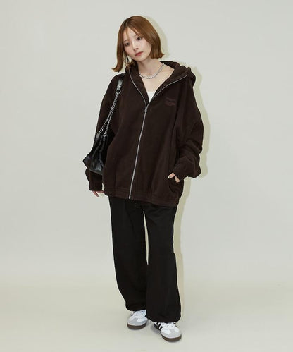 字母刺繡羊羔絨拉鍊寬鬆連帽衛衣