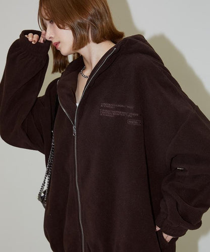 字母刺繡羊羔絨拉鍊寬鬆連帽衛衣