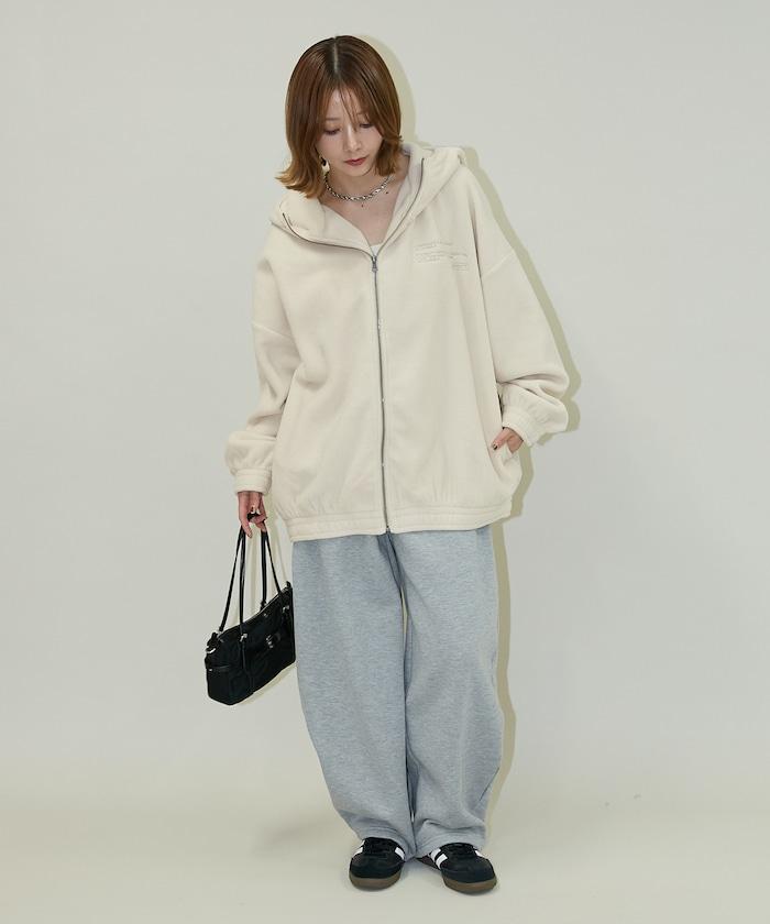 字母刺繡羊羔絨拉鍊寬鬆連帽衛衣