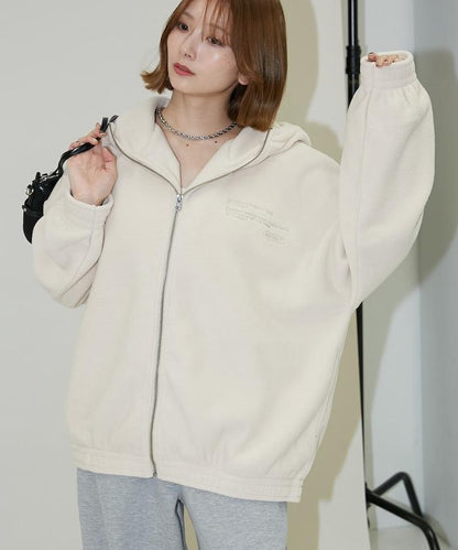 字母刺繡羊羔絨拉鍊寬鬆連帽衛衣