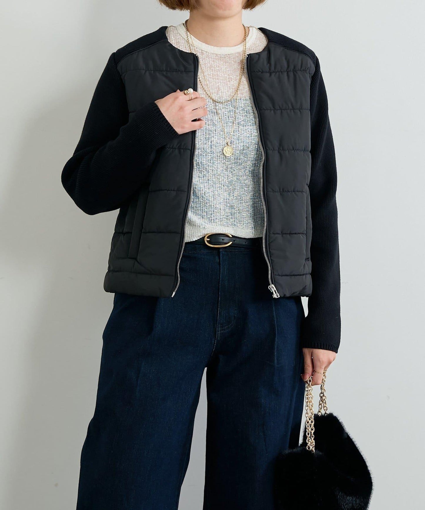 中棉針織拼接無領夾克